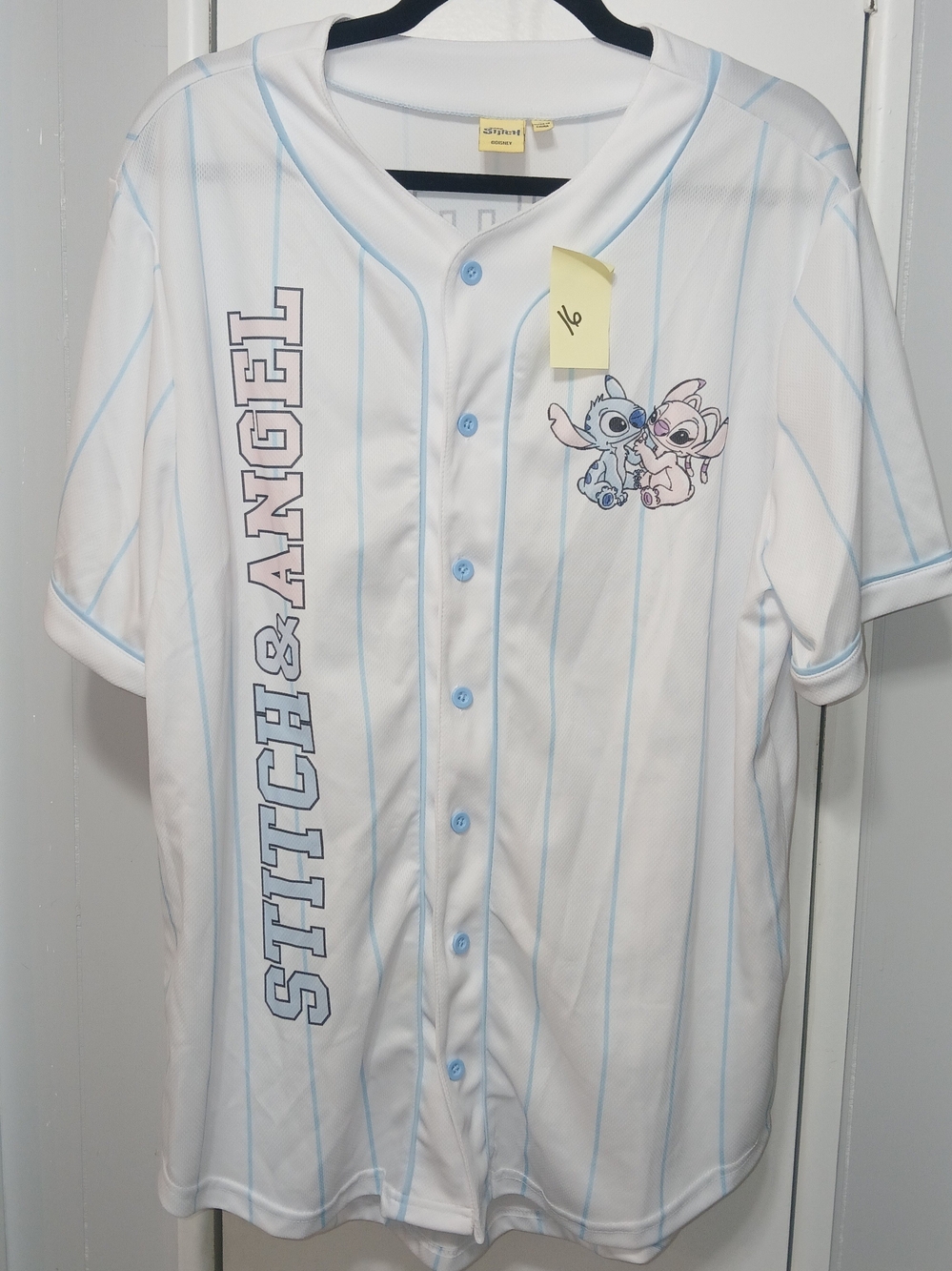 Disney White & Light Blue Stitch & Angel Baseball Jersey